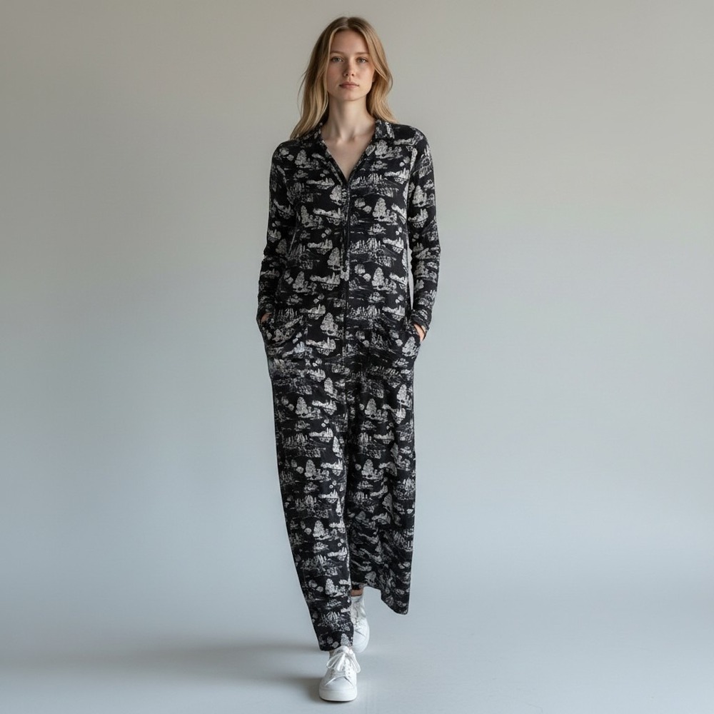 BumbleBella by Jill Martin Black White Loungewear Print Long Sleeve Jumpsuit S